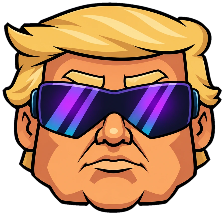 a cartoon head with a great golden swoop of hair and a purple visor that has never once been taken off